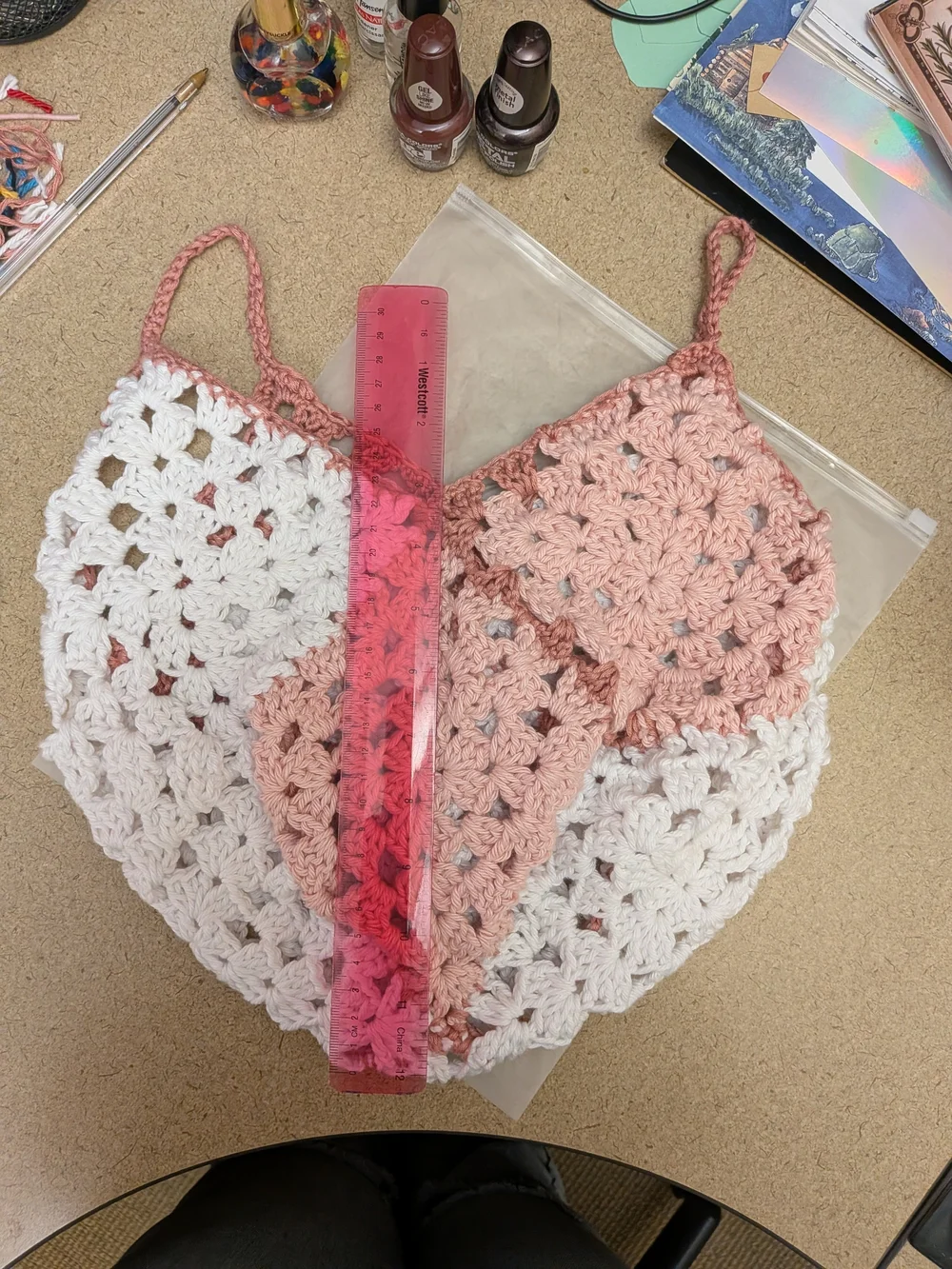 Handmade Crochet Hobo Bag - Pink & White